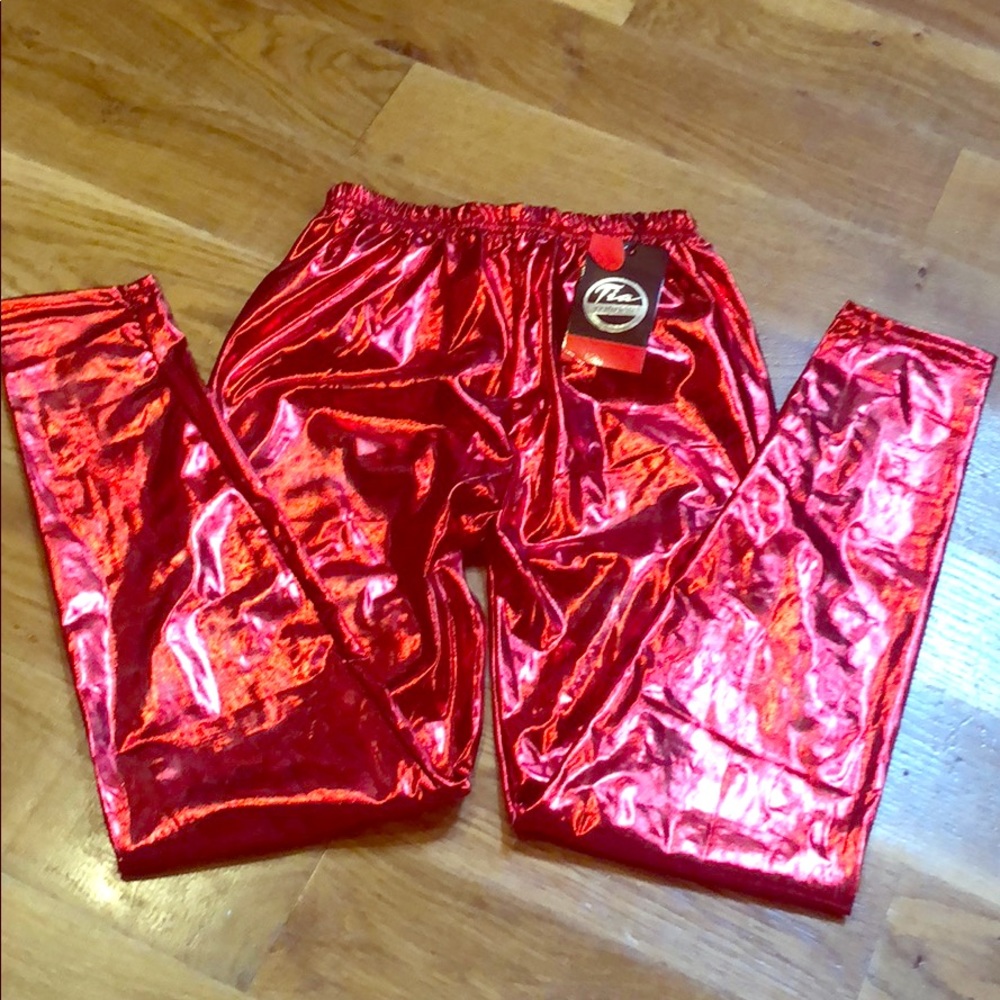 NWT Red Metallic Shiny Christmas Party Leggings Pants Costume